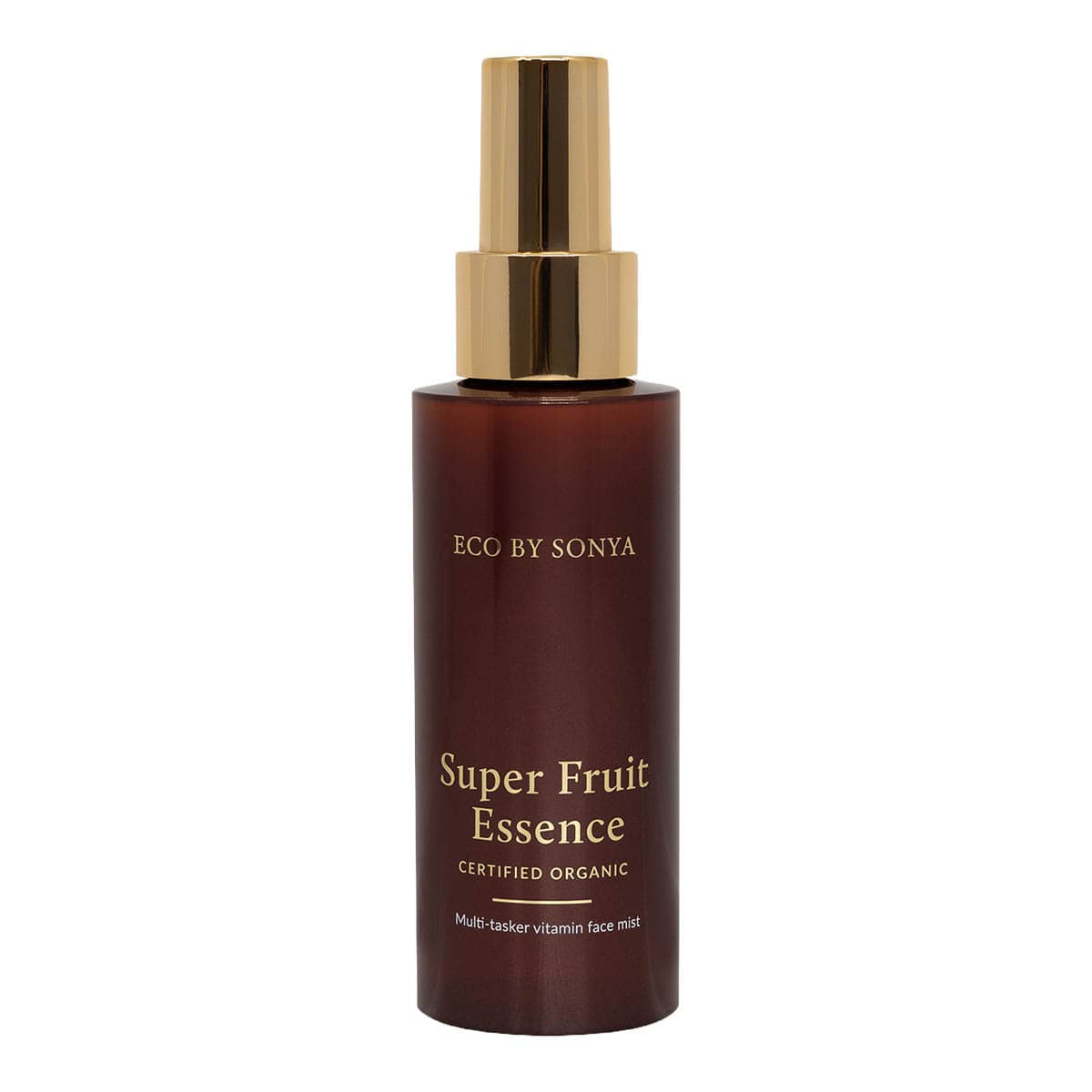 Bottle of Eco by Sonya Super Fruit Essence on a white background.