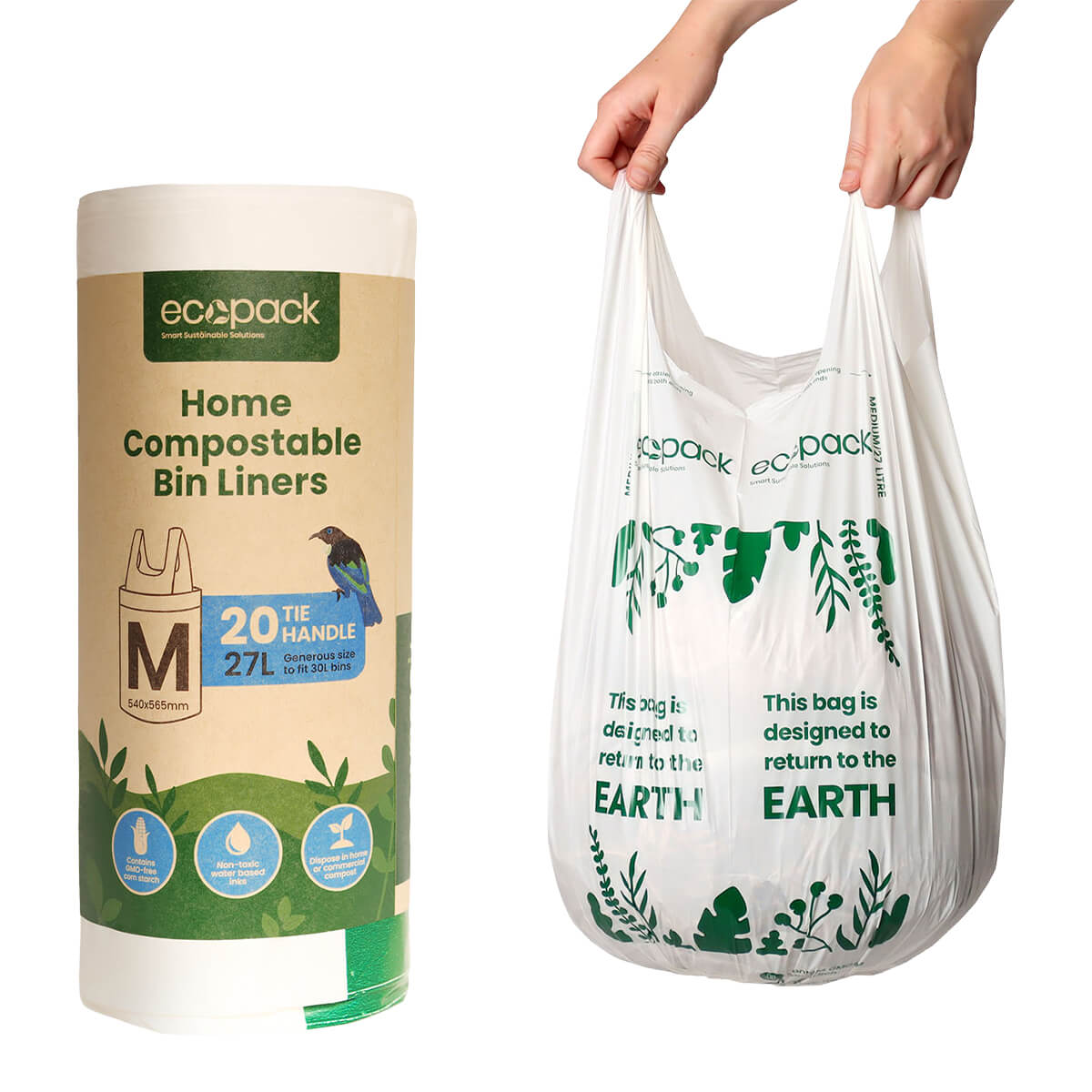 Eco-friendly home compostable bin liners with packaging and a white bag.
