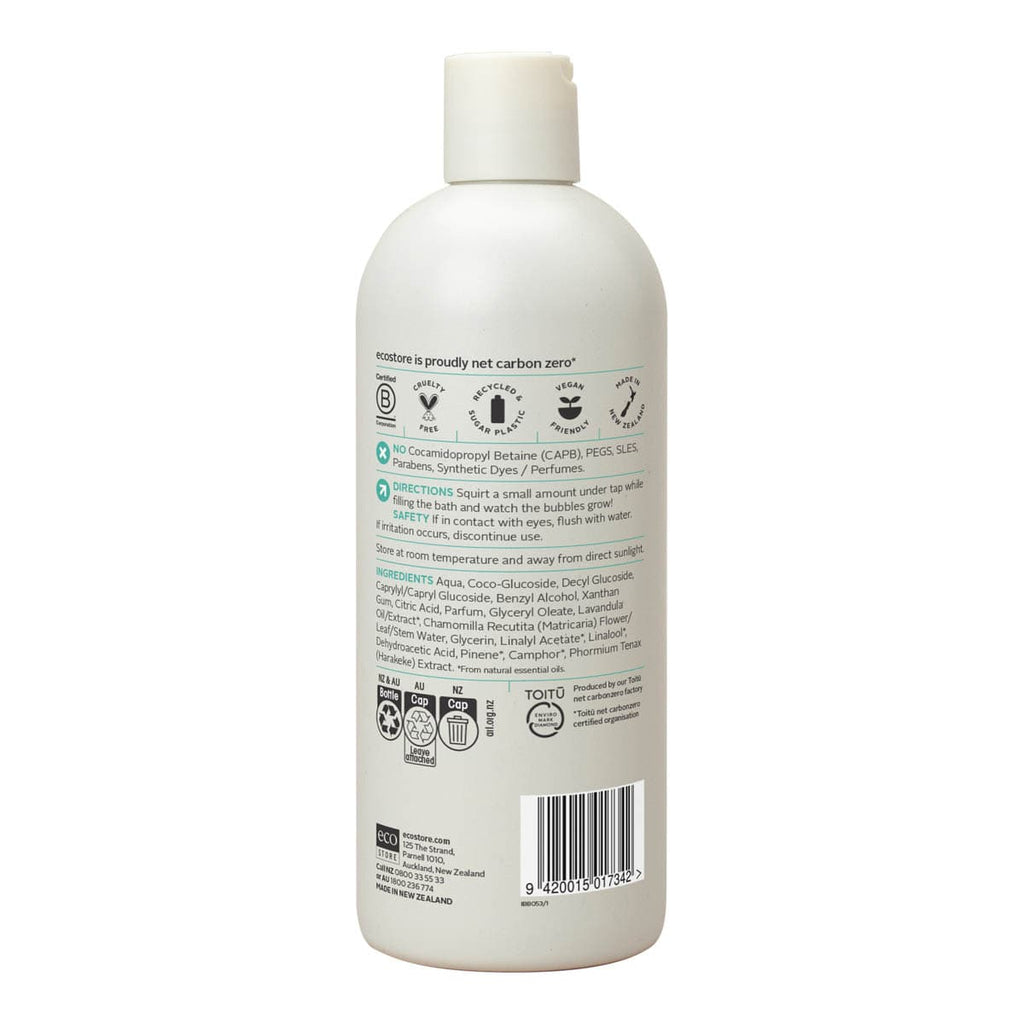 Back of ecostore aby bubble bath in a 535ml bottle showing ingredients & other product information.
