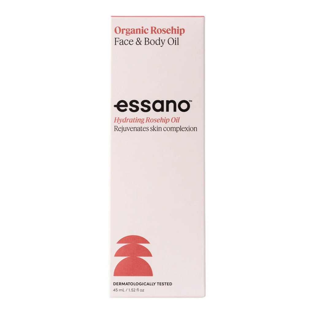 Essano Organic Rosehip Face & Body Oil packaging on a white background