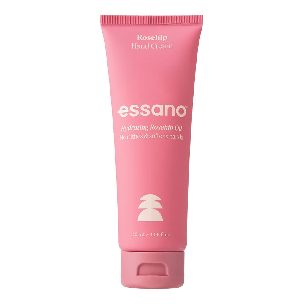 Pink tube of essano hand cream on a white background.