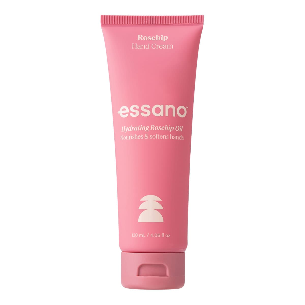 Pink tube of essano hand cream on a white background.