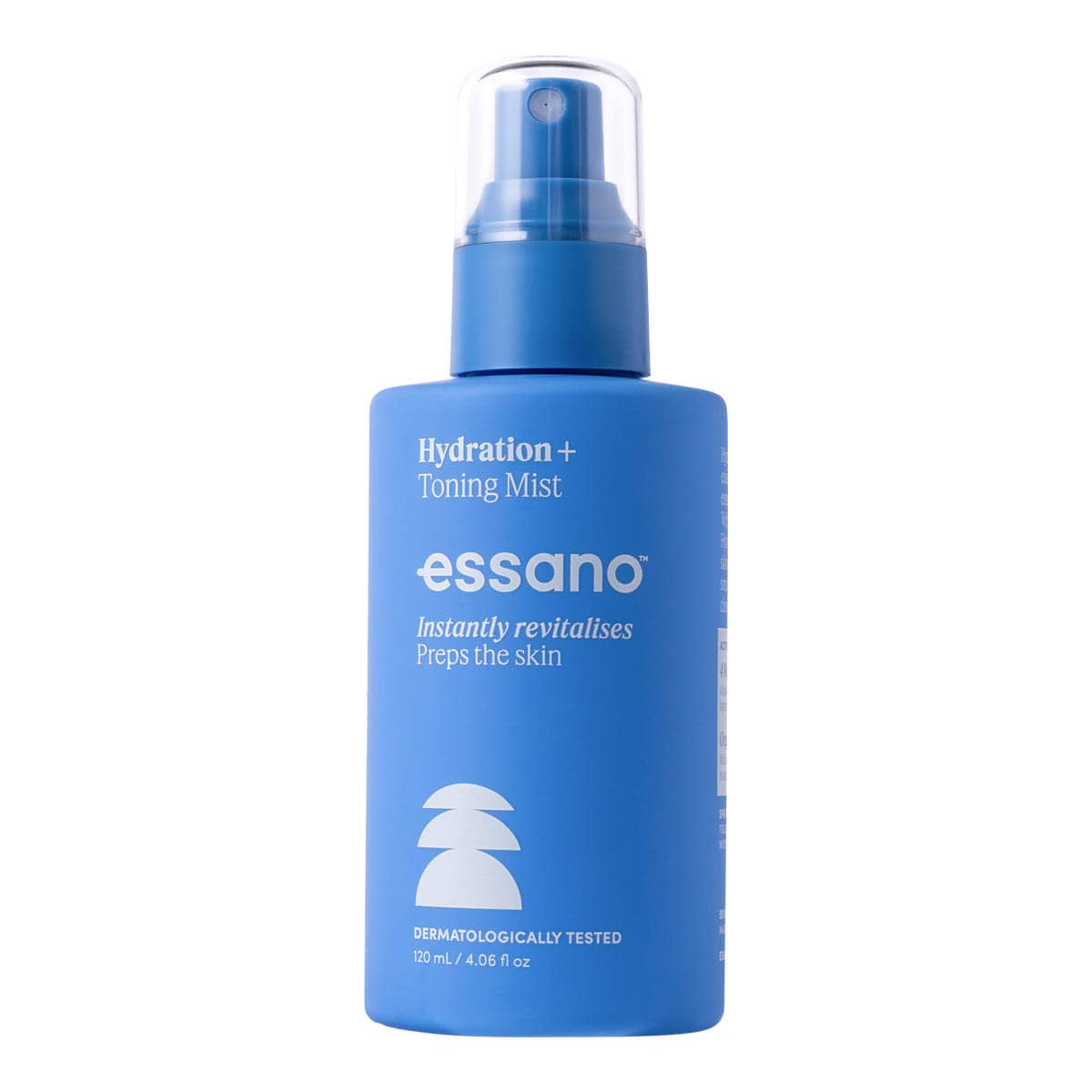 Blue bottle of essano hydration + toning mist on a white background