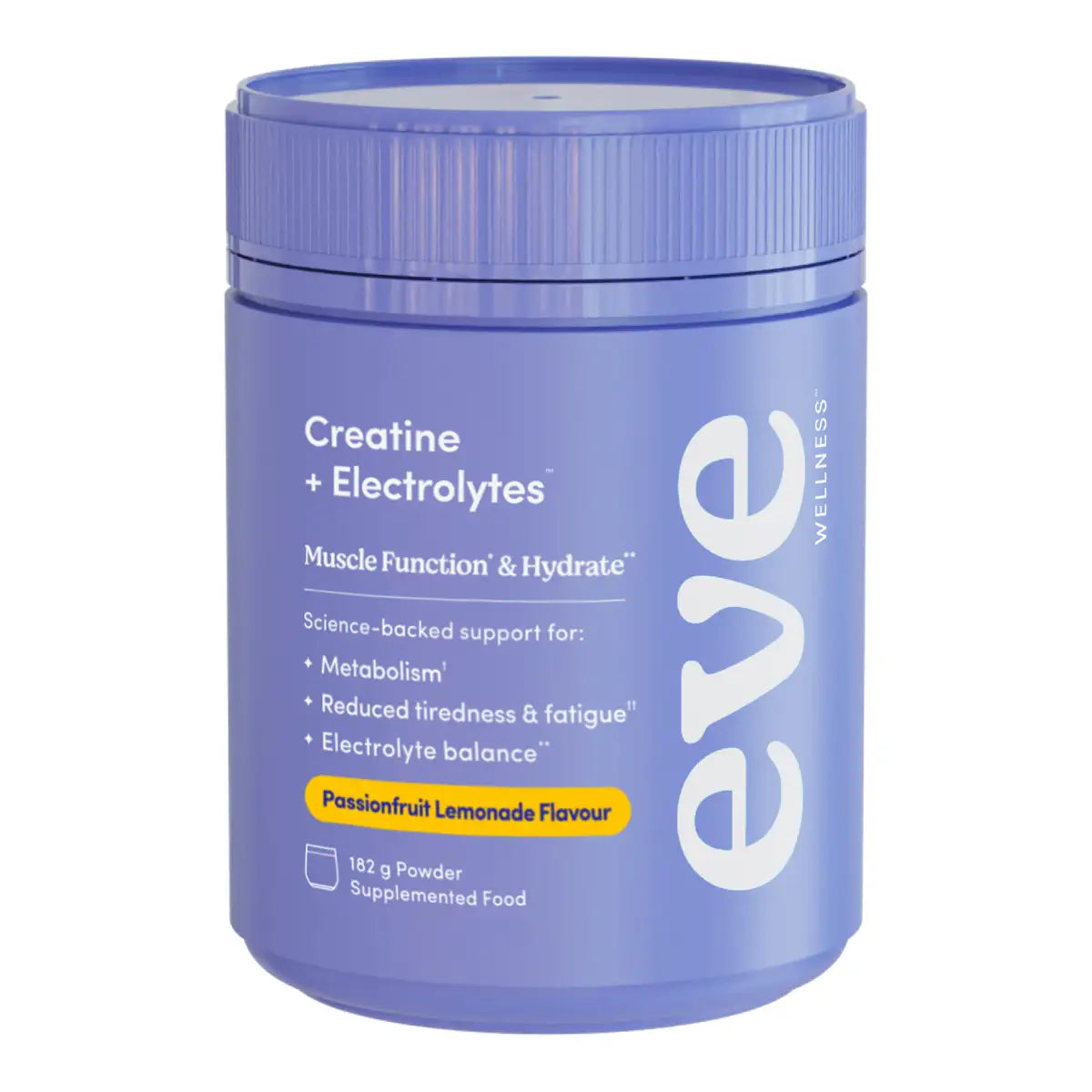 A blue plastic tub of Eve Creatine + Electrolytes powder, Passionfruit Lemonade Flavour, on a solid white background.