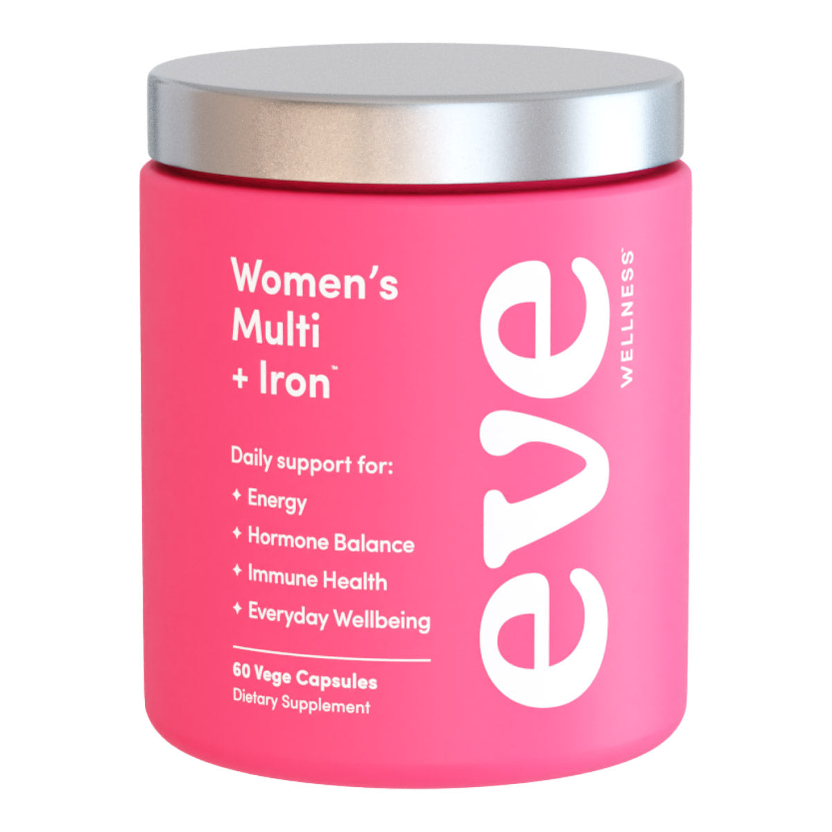 Pink supplement container labeled 'Women's Multi + Iron' by Eve Wellness on a white background