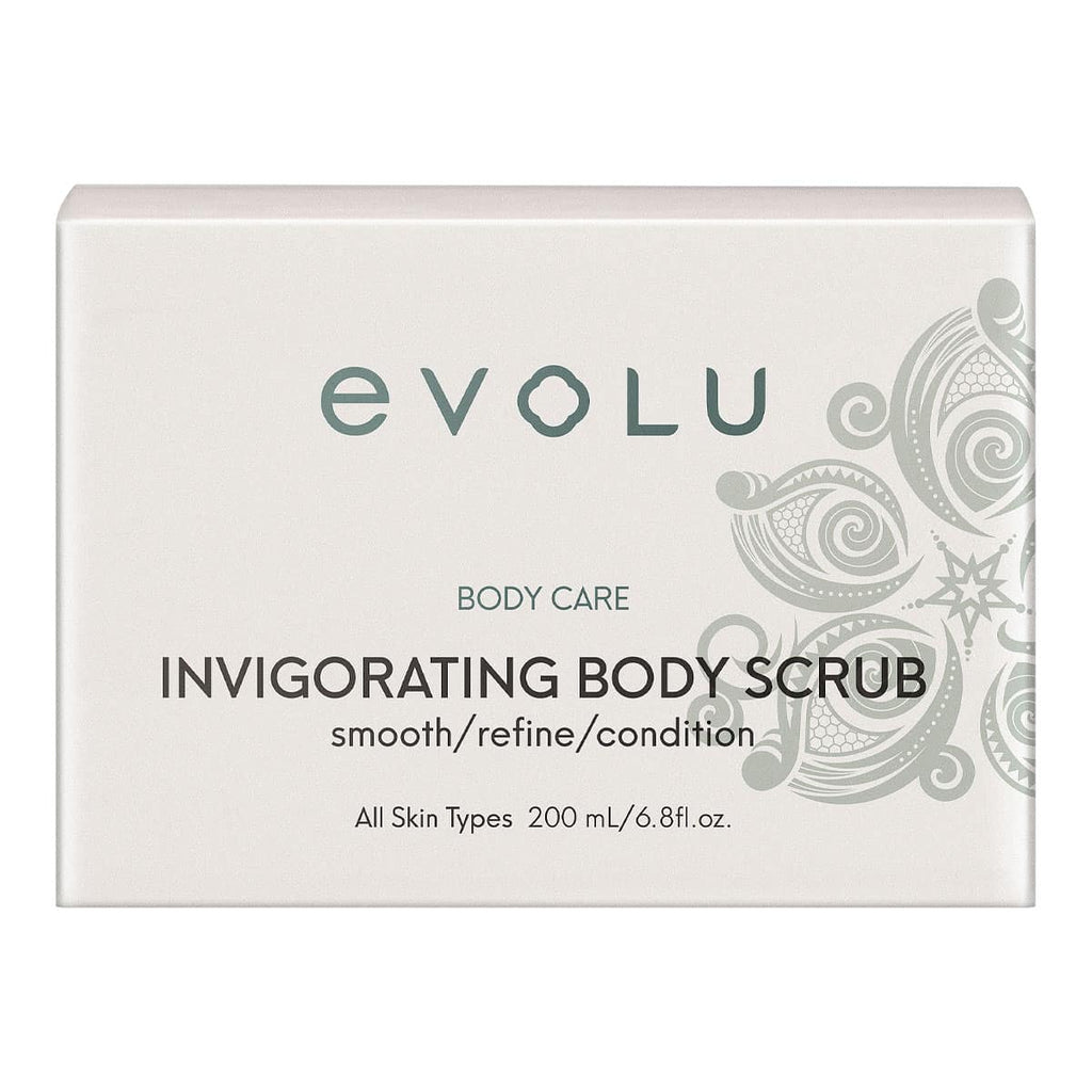 Evolu invigorating body scrub packaging on a white background.