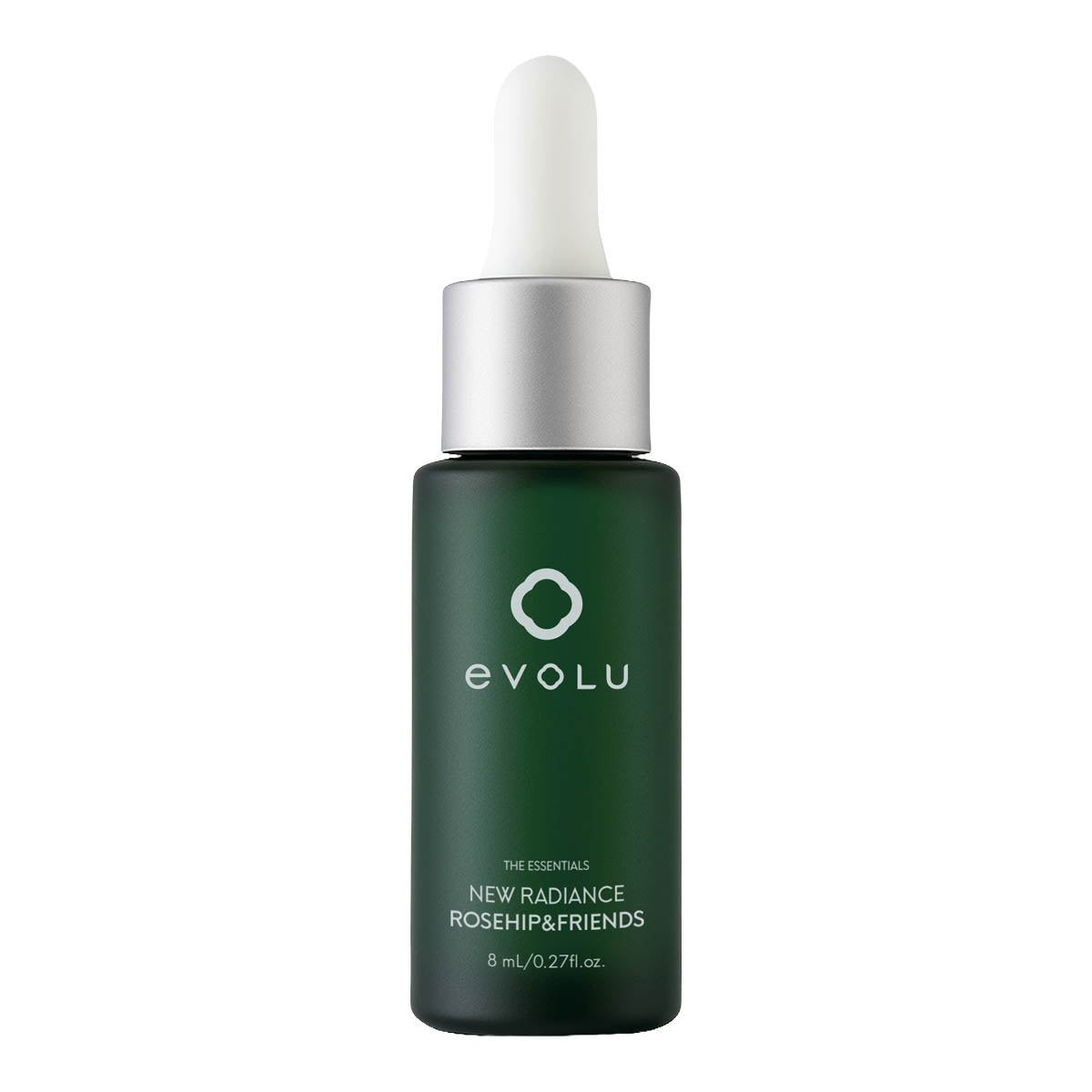 evolu new radiance rosehip & friends mini 8ml green frosted glass dropper bottle with silver and white lid.