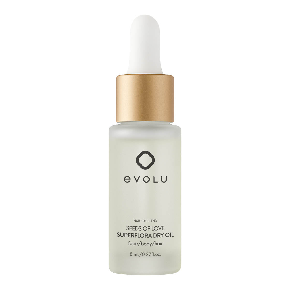 8ml bottle of evolu seeds of love super flora dry oil on a white background.