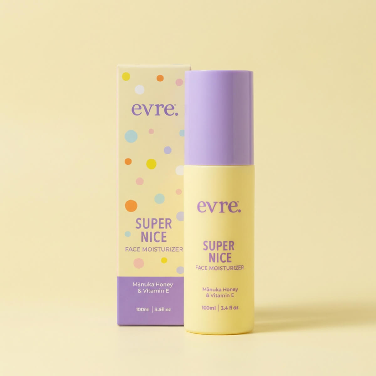 Evre Super Nice face moisturizer bottle and packaging on a yellow background