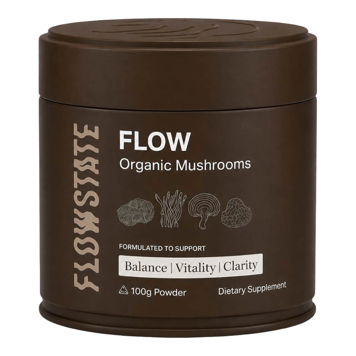 100g brown tin of Flow State's FLOW - Organic Mushrooms powder. Formulated to support balance, vitality and clarity.