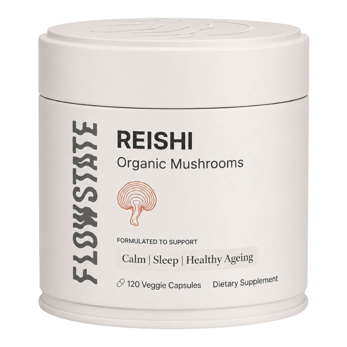 Flow State Reishi Organic Mushrooms 120 Veggie Capsules in a tin with cream colouring and an illustrated mushroom. Formulated to support calm, sleep and healthy ageing. 