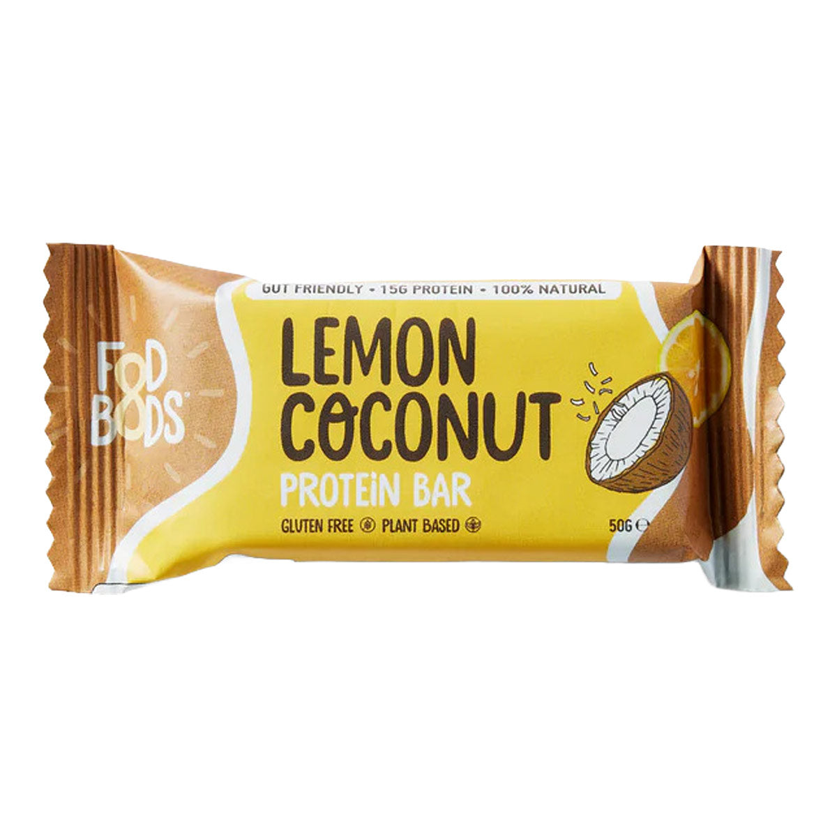 Lemon coconut protein bar by FODBODS with a yellow wrapper. 15g protein.