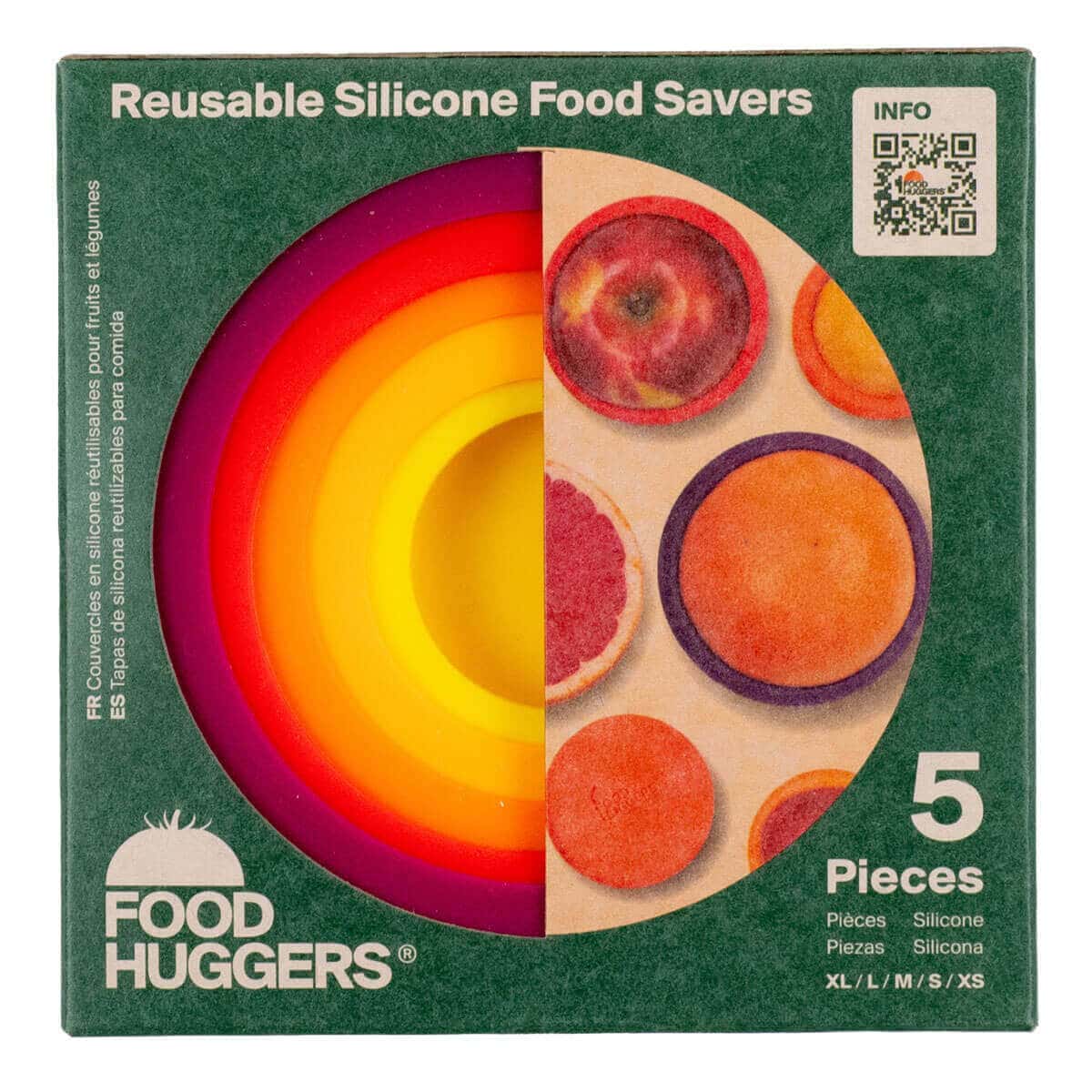 Box of Food Huggers reusable silicone food savers with colorful silicone pieces.