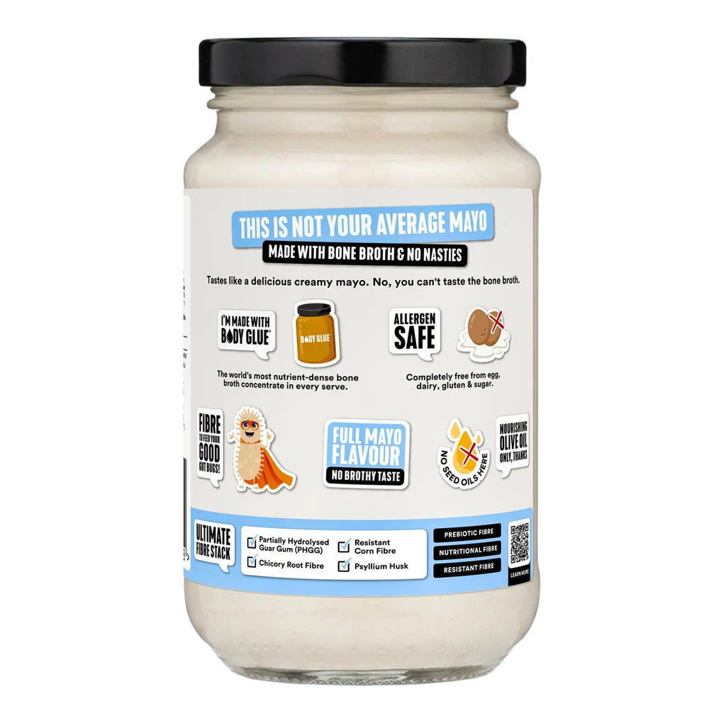 Back of 375ml jar of Great Guts Mayo made with bone broth and no nasties. Showing product highlights.