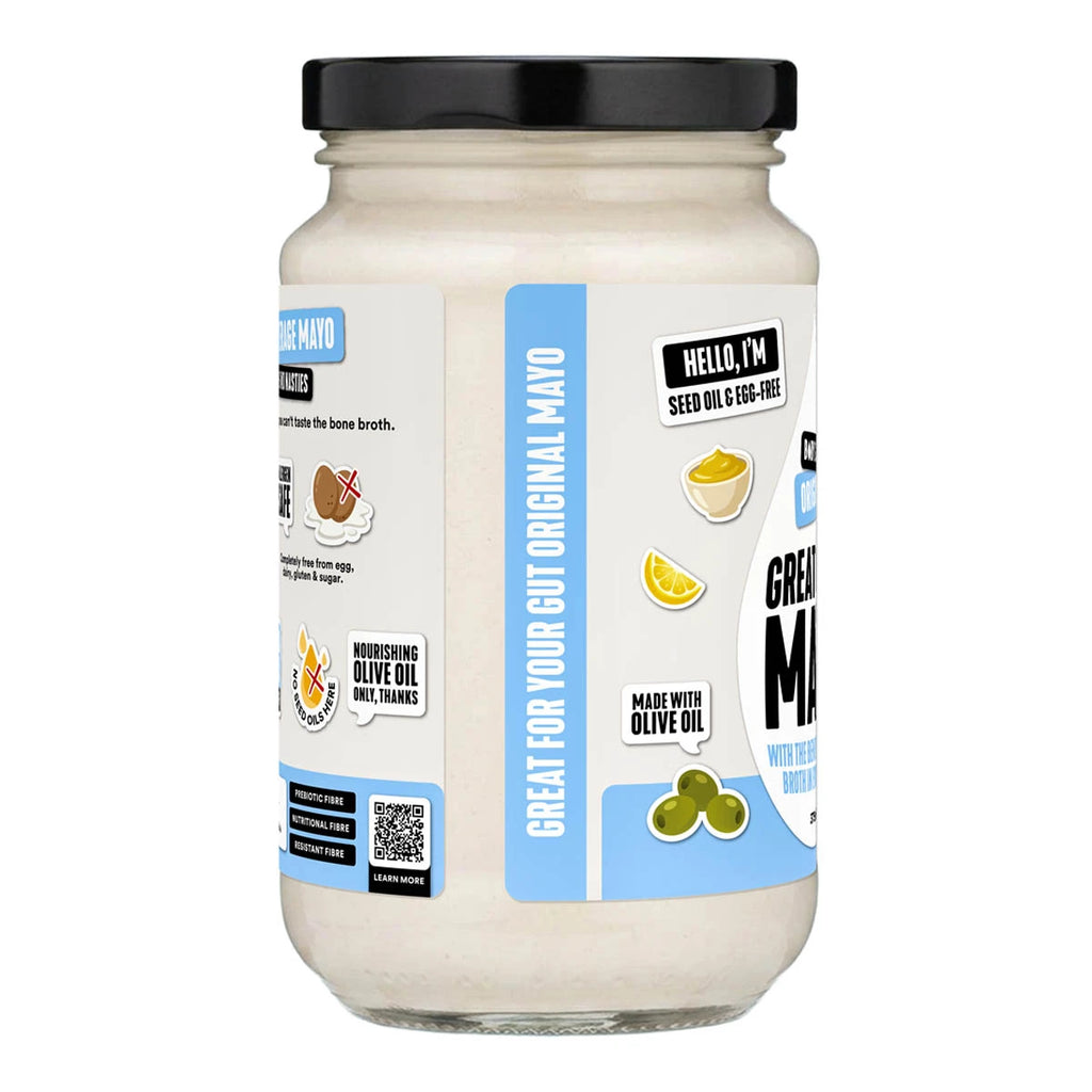 Side of jar of great guts mayo - made with olive oil. Seed oil & egg free.