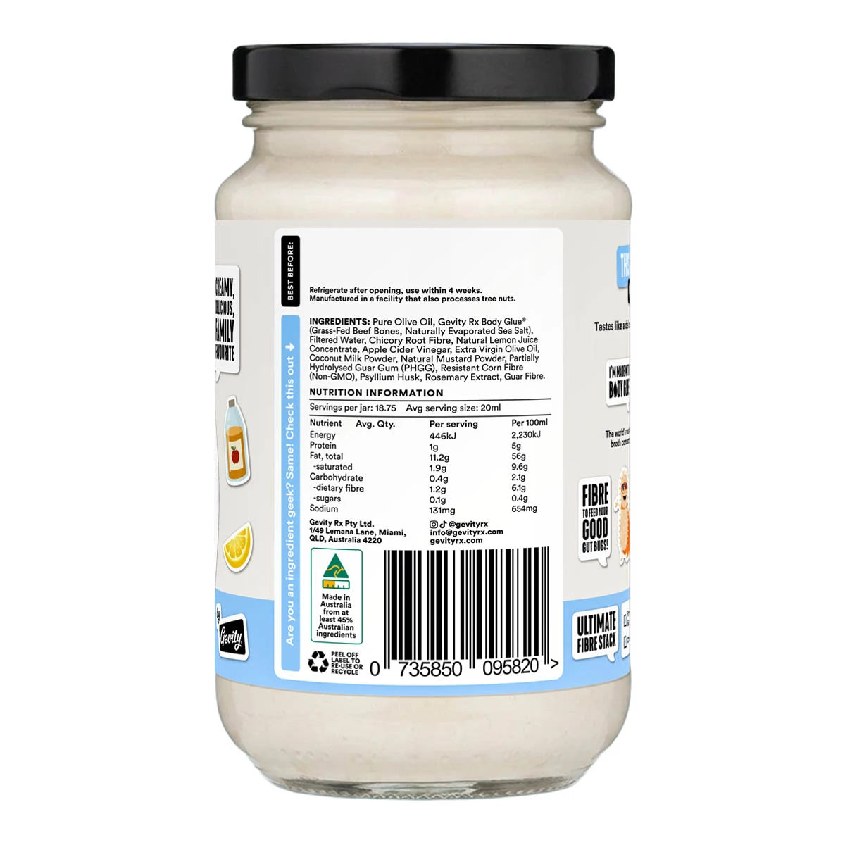 Back view of jar of great guts mayo with ingredients list & nutritional information.