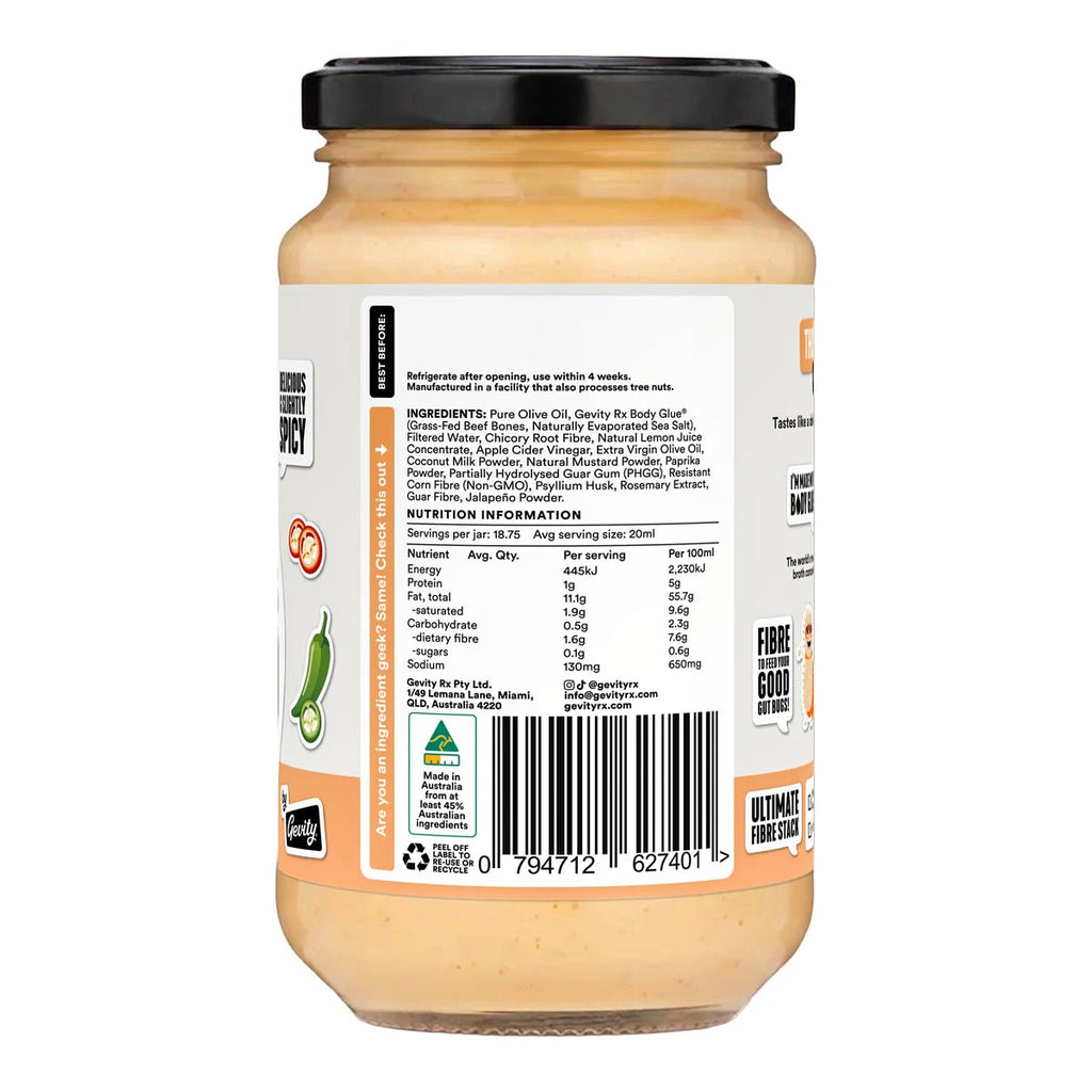 Back view of a jar of Great Guts Mayo - Sriracha spread with a black lid and a white label showing ingredients and nutrition information.