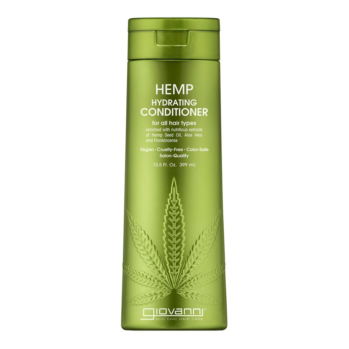 Green bottle of Hemp Hydrating Conditioner by Giovanni on a white background. Vegan & cruelty-free. For all hair types.