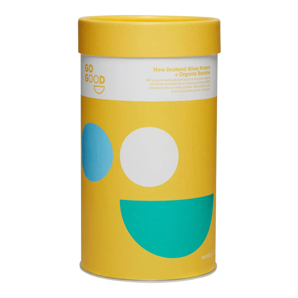 Go Good New Zealand Whey Protein + Organic Banana in a cardboard and foil container. 