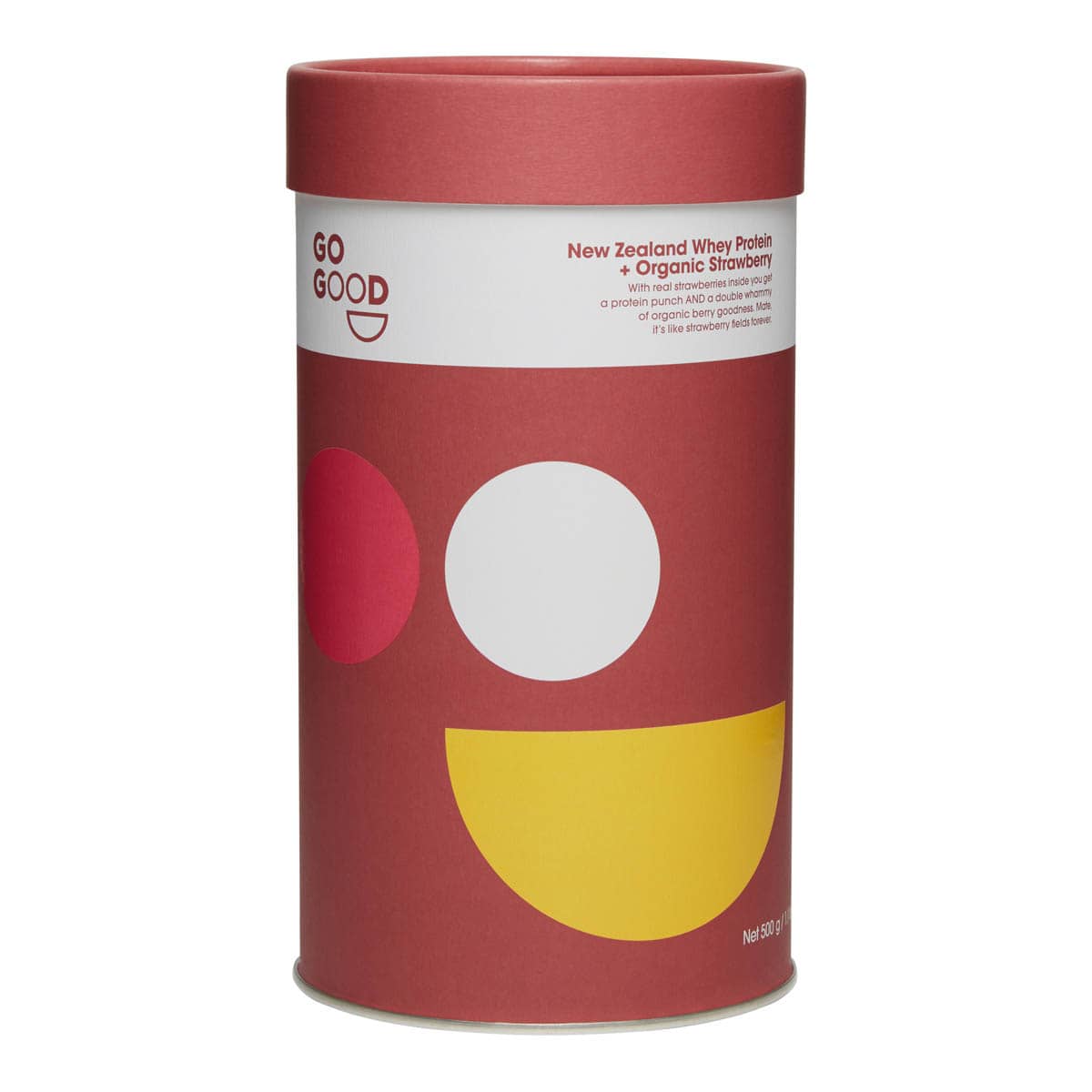 Red cylindrical container with colorful design and 'Go Good' branding on a white background.