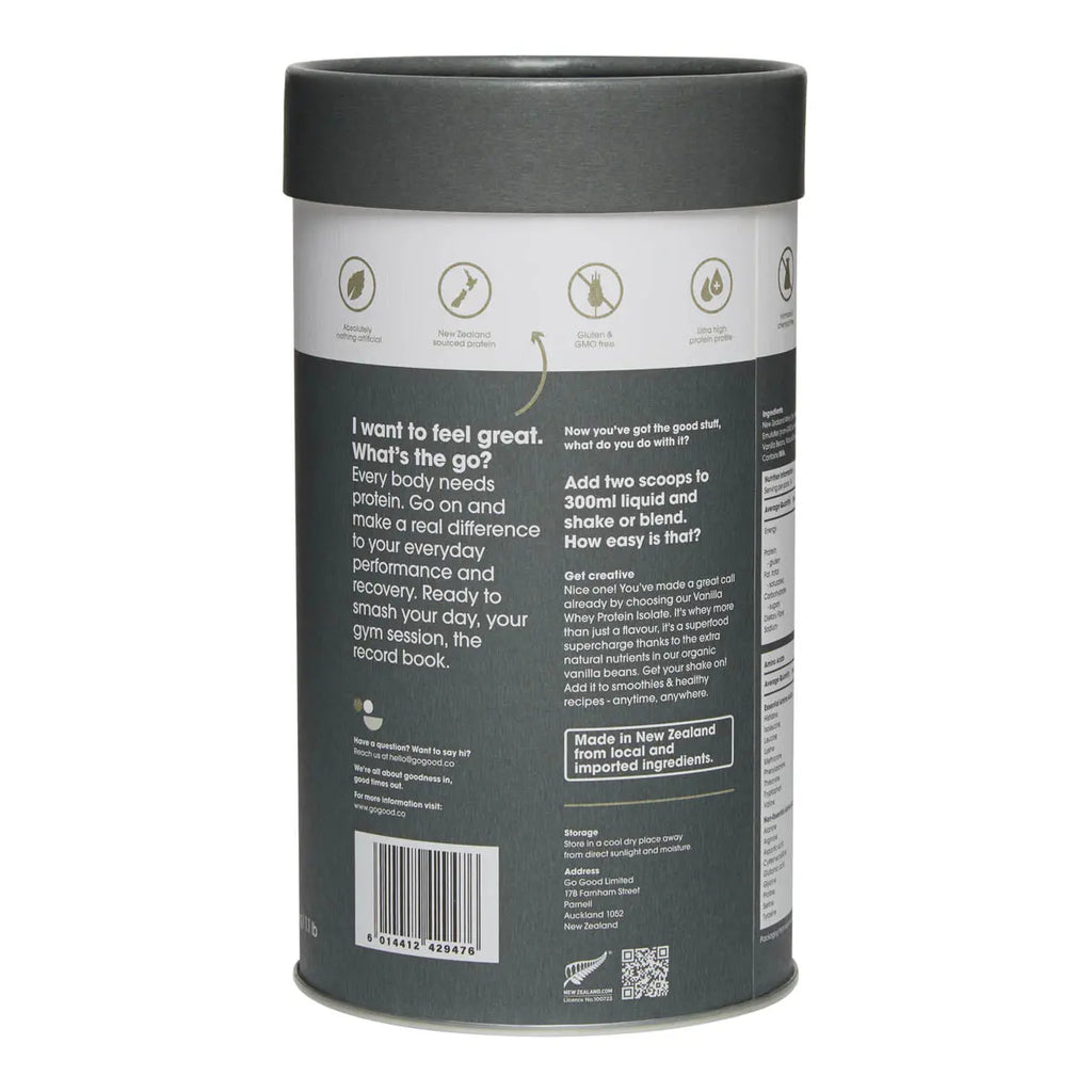 Back of Go Good Whey Protein Isolate Organic Vanilla showing product information and directions for use.