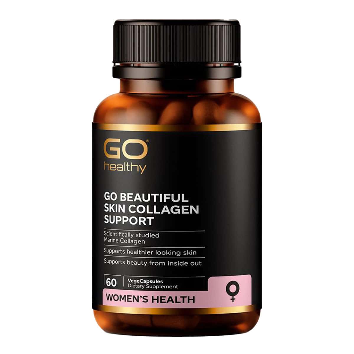 Supplement bottle labeled 'GO Beautiful Skin Collagen Support' on a white background.