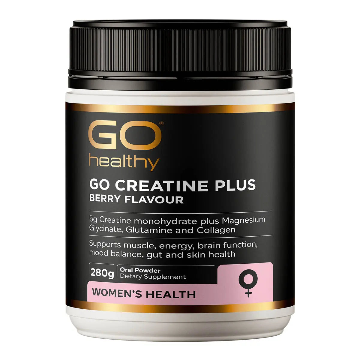 GO Healthy GO Creatine Plus supplement container with black lid on a white background