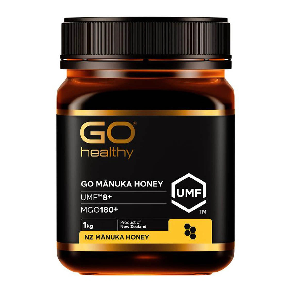 Bottle of GO Healthy Mánuka Honey with UMF label on a white background