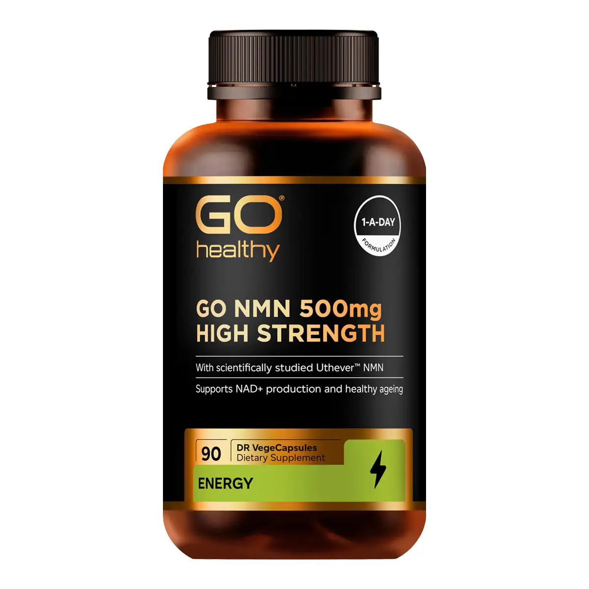 A bottle of GO Healthy GO NMN 500mg High Strength dietary supplement capsules, featuring an amber brown bottle, black cap, and a black label with gold and green accents.
