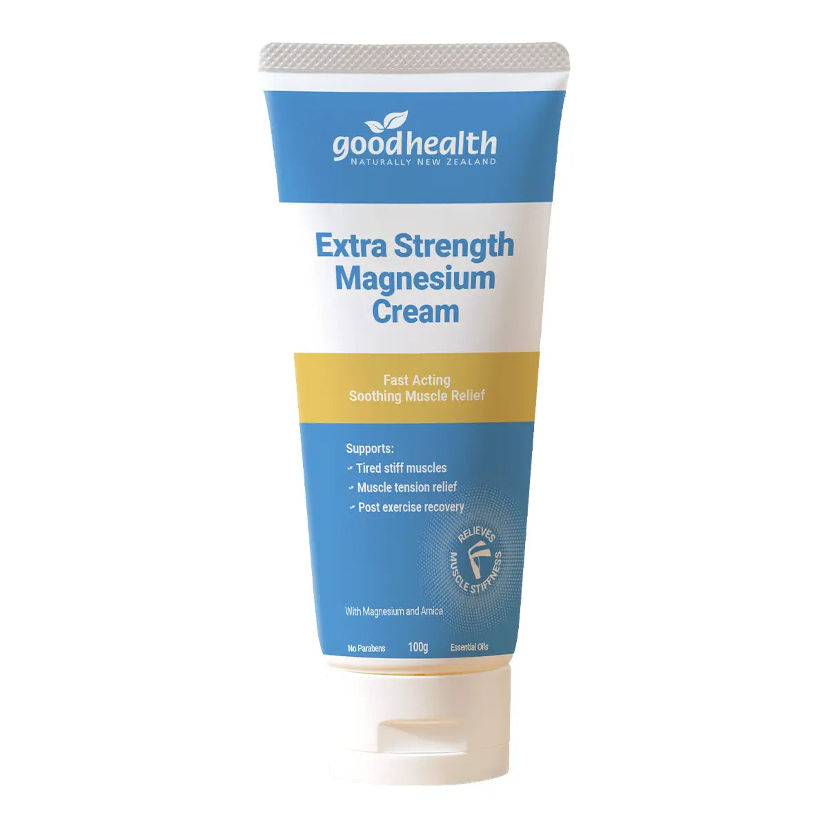 A 100g squeeze tube of Good Health Extra Strength Magnesium Cream, featuring a blue and white label with a yellow accent band.