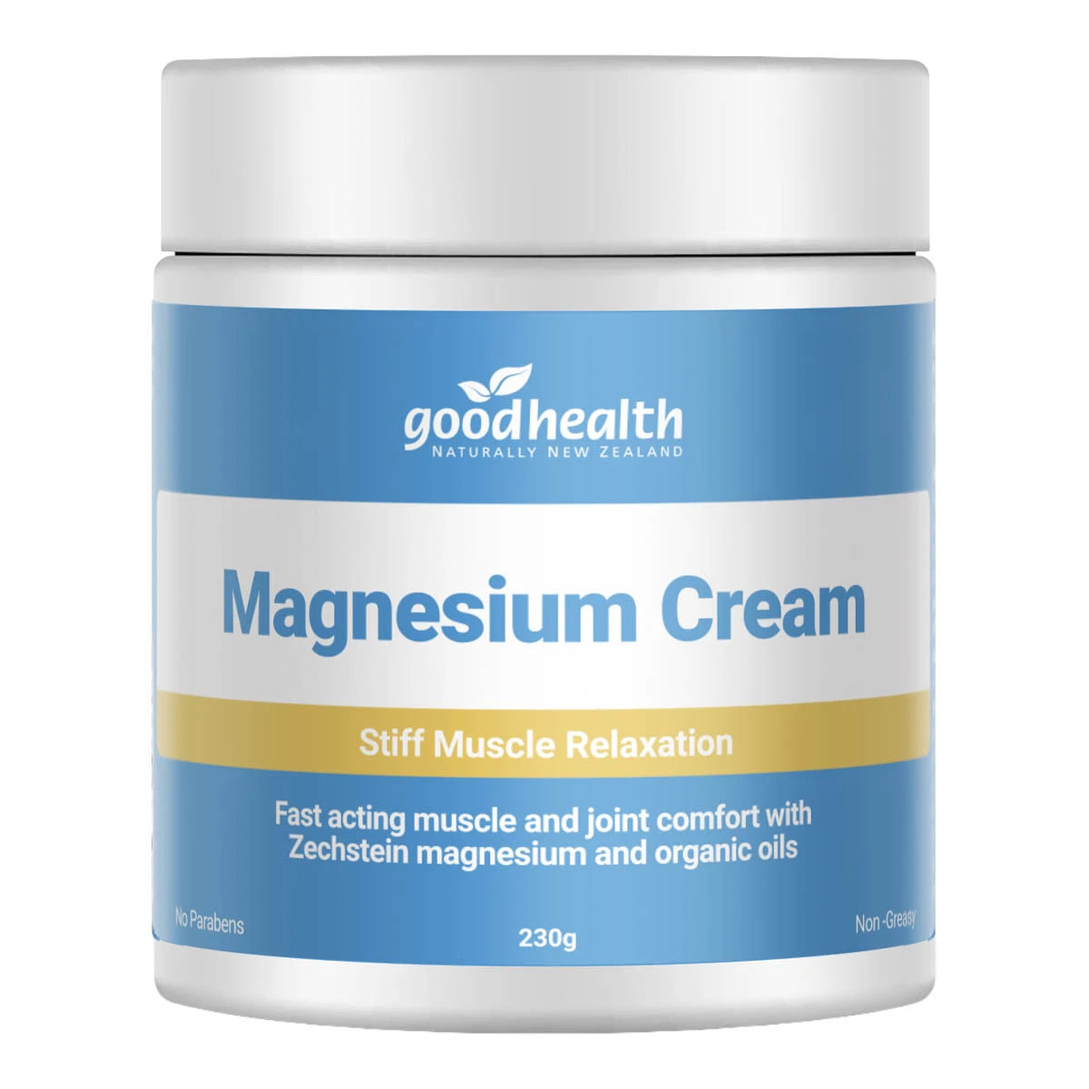 A white plastic jar of Good Health Magnesium Cream with a blue and white label and a gold accent band, shown on a plain white background.