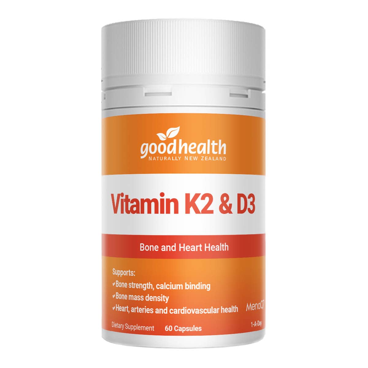 Vitamin K2 & D3 supplement bottle with 'goodhealth' branding on a white background.