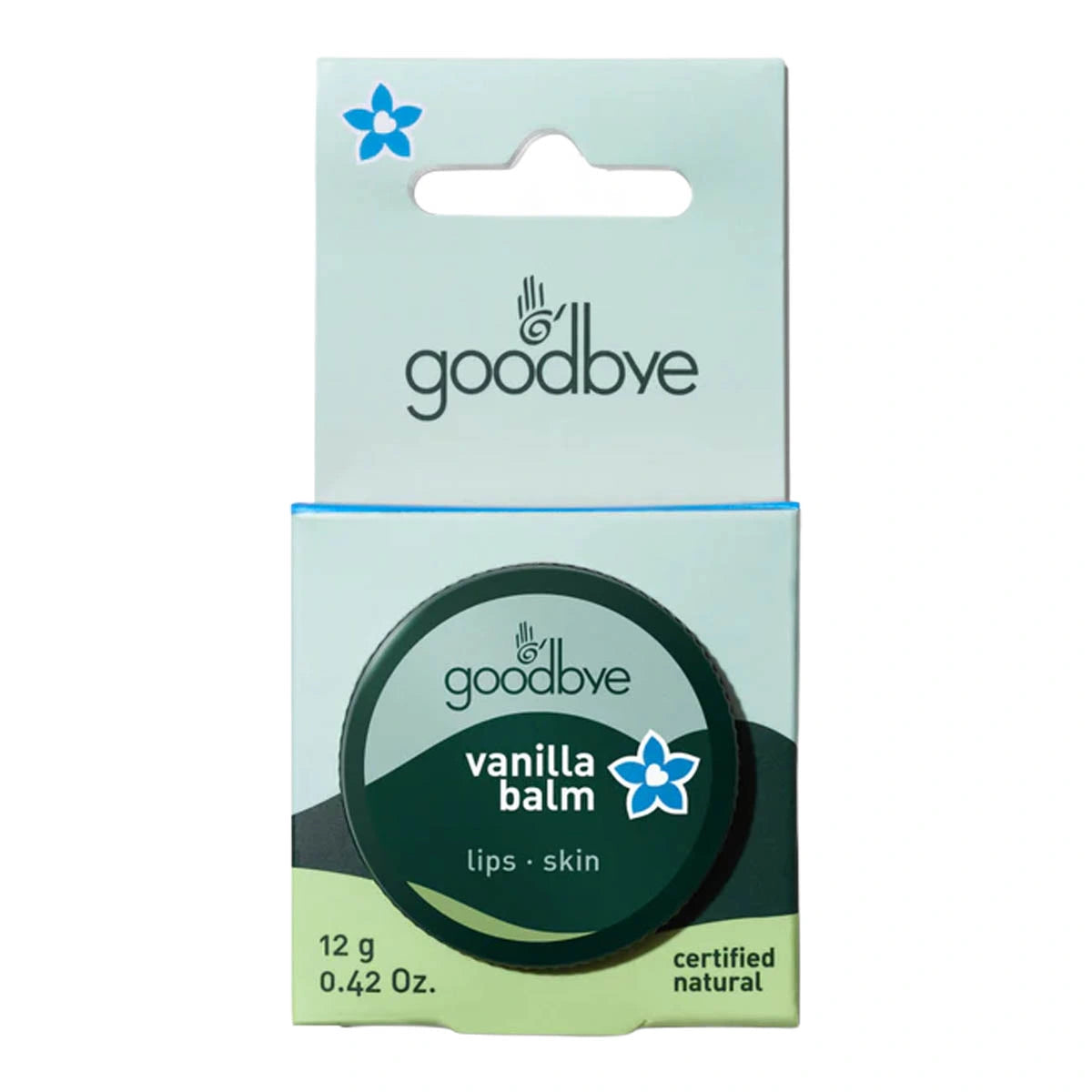Goodbye Vanilla Balm for lips & skin in a 12g aluminium tin within cardboard packaging. Certifed natural.