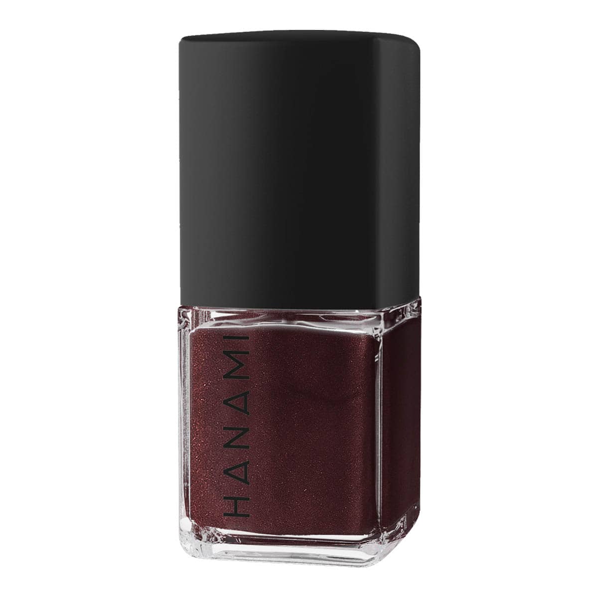 Nail polish bottle with black cap and dark red polish on a white background.