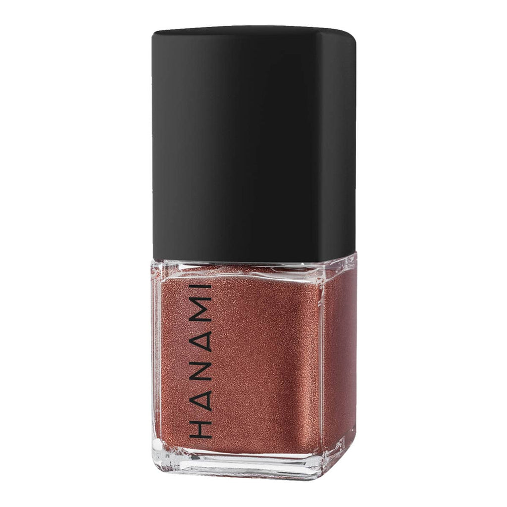 Nail polish bottle with black cap and metallic brown colour on a white background.