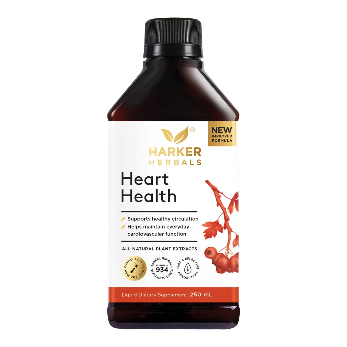 Harker Herbals Heart Health 250ml supplement bottle on a white background. Supports healthy circulation, helps maintain everyday cardiovascular function.