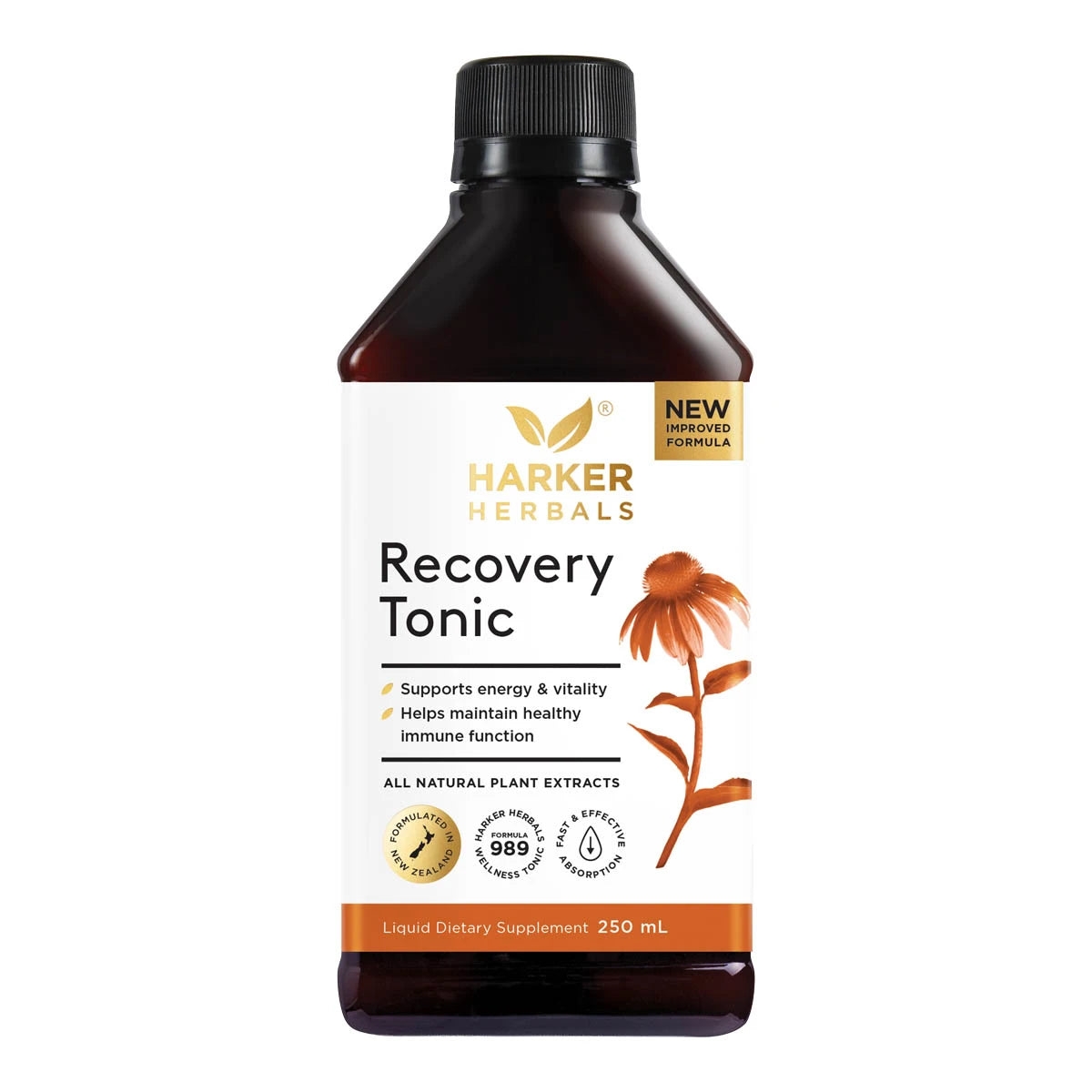 Harker Herbals Recovery Tonic 250ml bottle on a white background. Supports energy & vitality, helps maintain healthy immune function with all natural plant extracts.