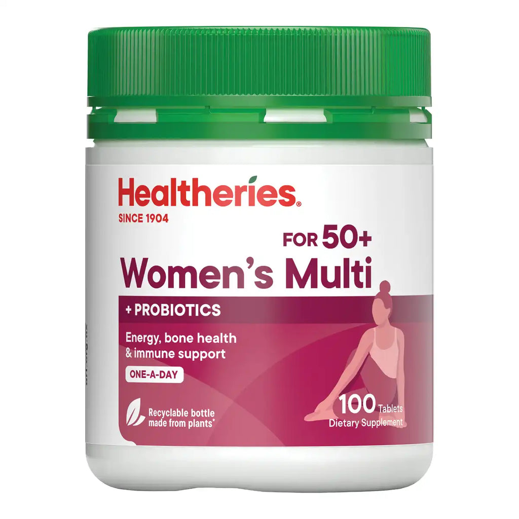 A white plastic bottle of Healtheries Women's Multi dietary supplement with a green cap and a white label featuring red and magenta text and graphics.