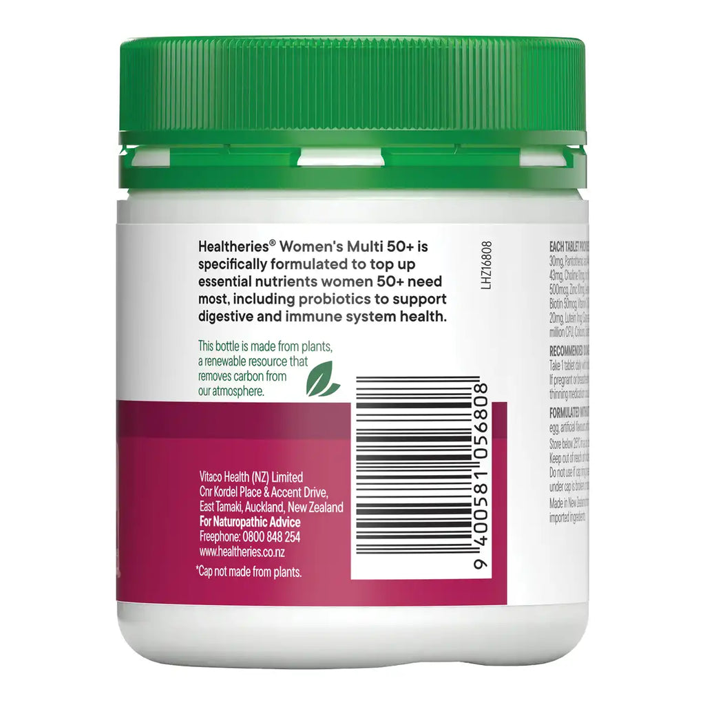 Back view of a Healtheries Women's Multi 50+ supplement bottle with a green cap, white body, and a dark magenta label showing text, a barcode, and product details.