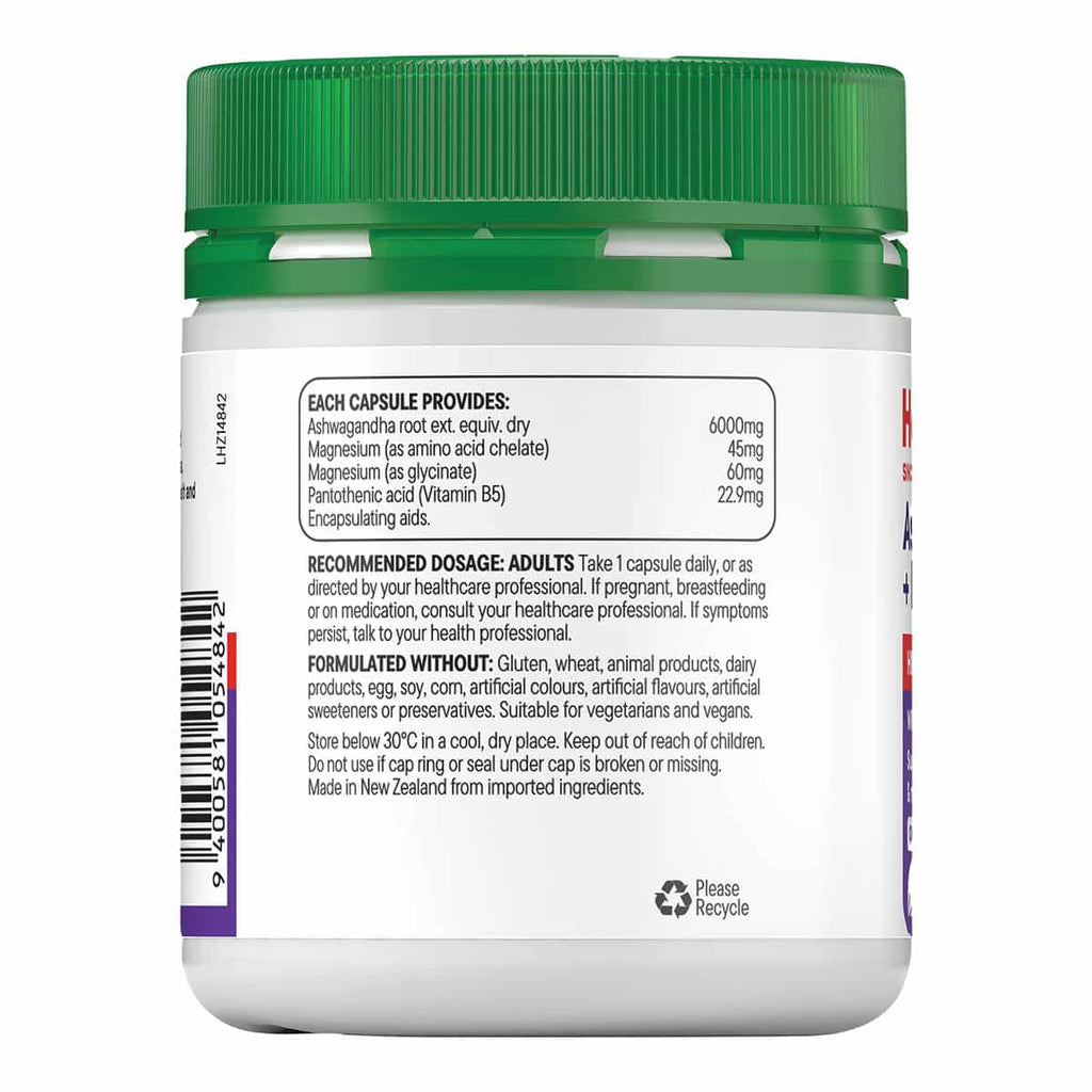 Back view of a supplement jar with green lid and white label on a white background.