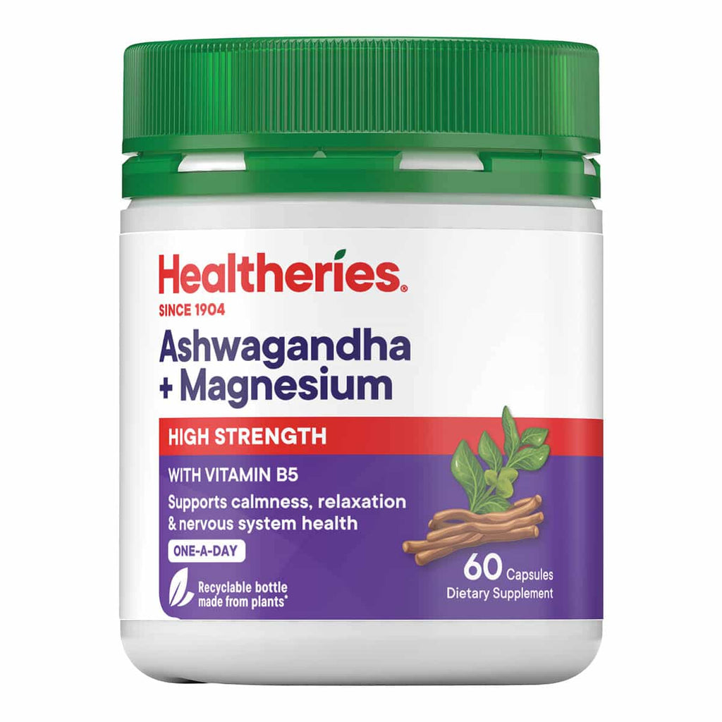 Healtheries Ashwagandha + Magnesium supplement jar on a white background.