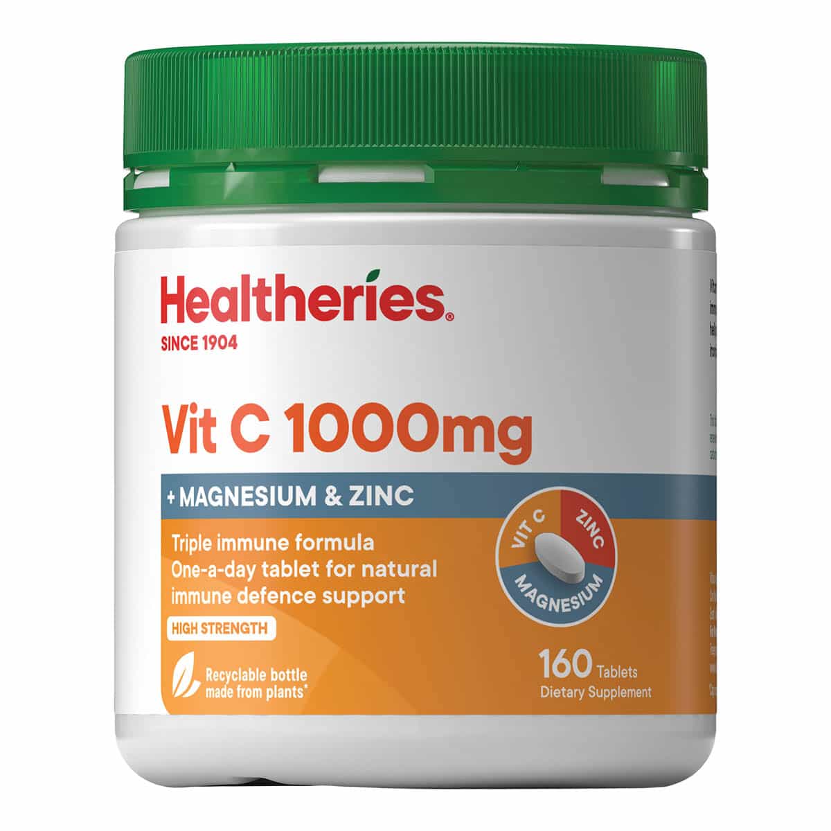 Healtheries Vit C 1000mg supplement container with green lid on a white background.