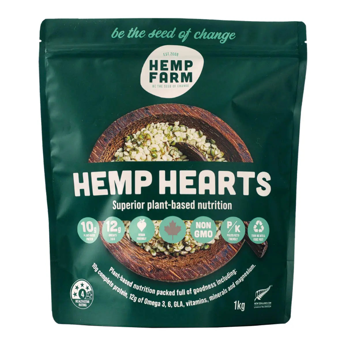 Hemp hearts packaging with Hemp Farm branding on a white background. Canadian sourced. Non GMO