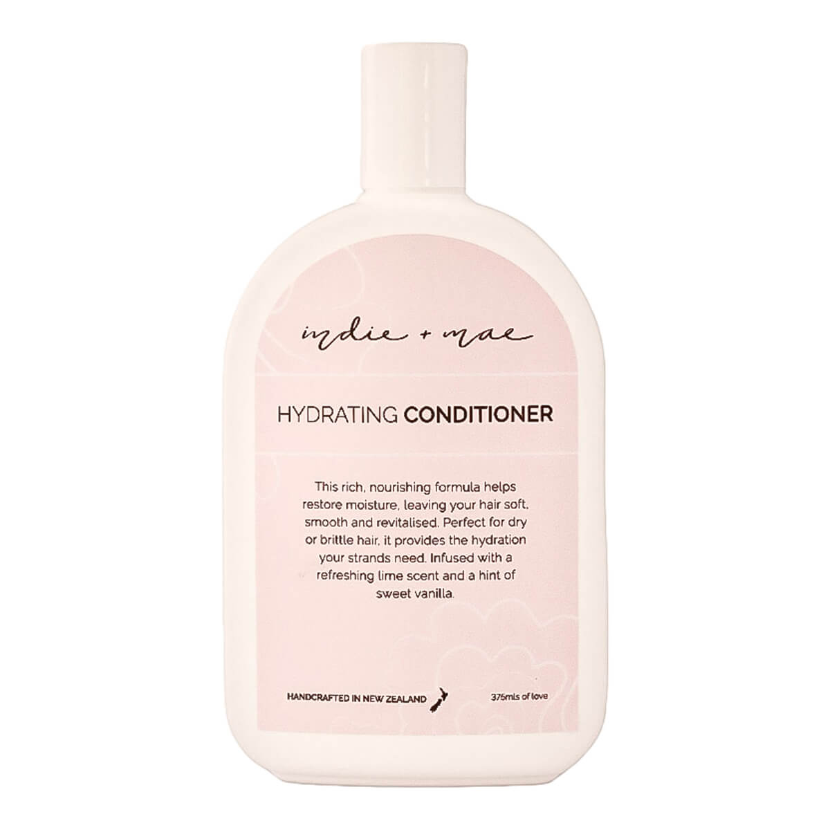 A 300ml bottle of Indie + Mae Hydrating Conditioner, featuring a soft blush pink label on a white bottle.