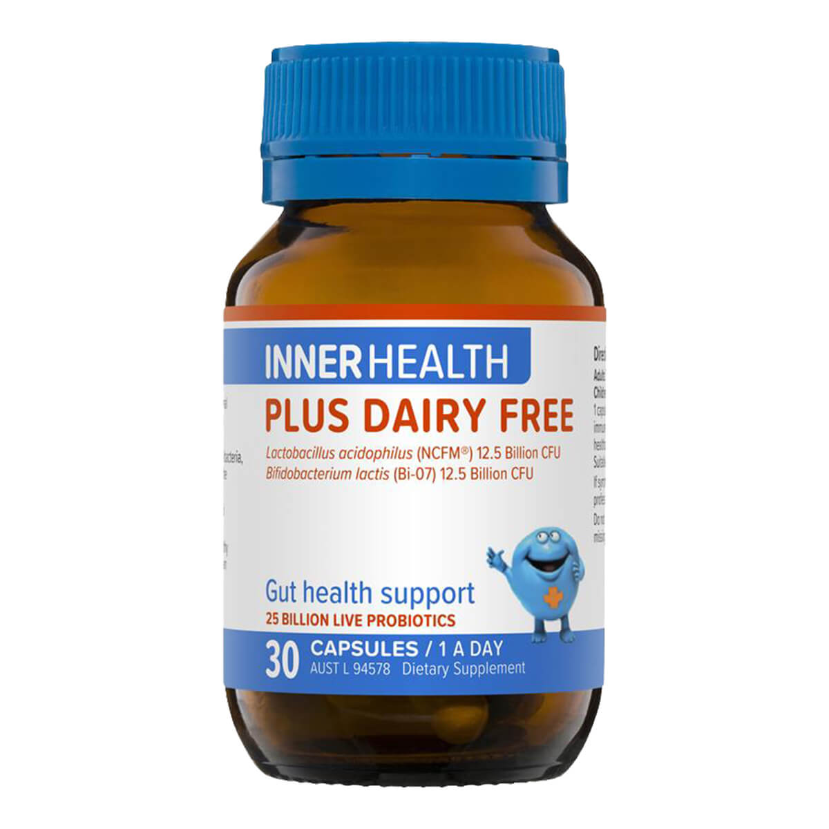 Supplement bottle labeled 'Inner Health Plus Dairy Free' on a white background