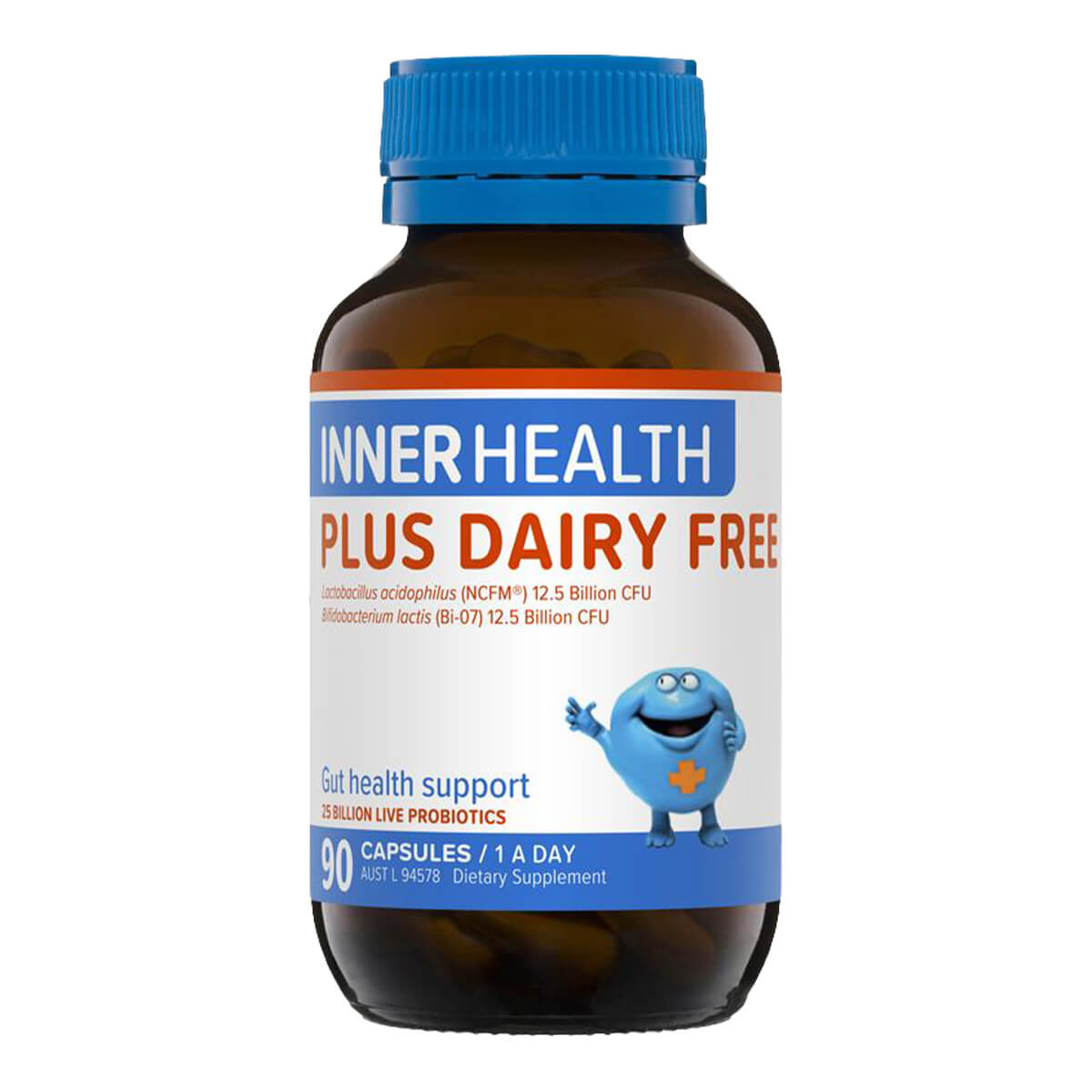 Bottle of Inner Health Plus Dairy Free supplement with blue cap and label on a white background