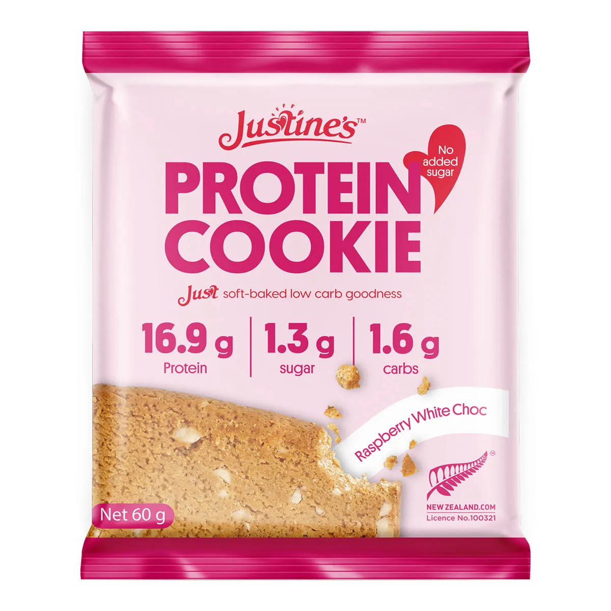 Justine's Protein Cookie package with pink and white design. 16.9g of protein, 1.3g sugar, 1.6g carbs.