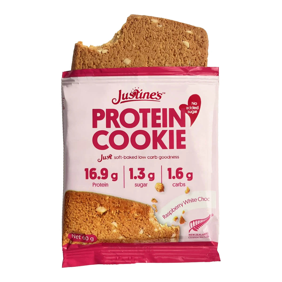 Justine's Protein Cookie package with a cookie on top against a white background