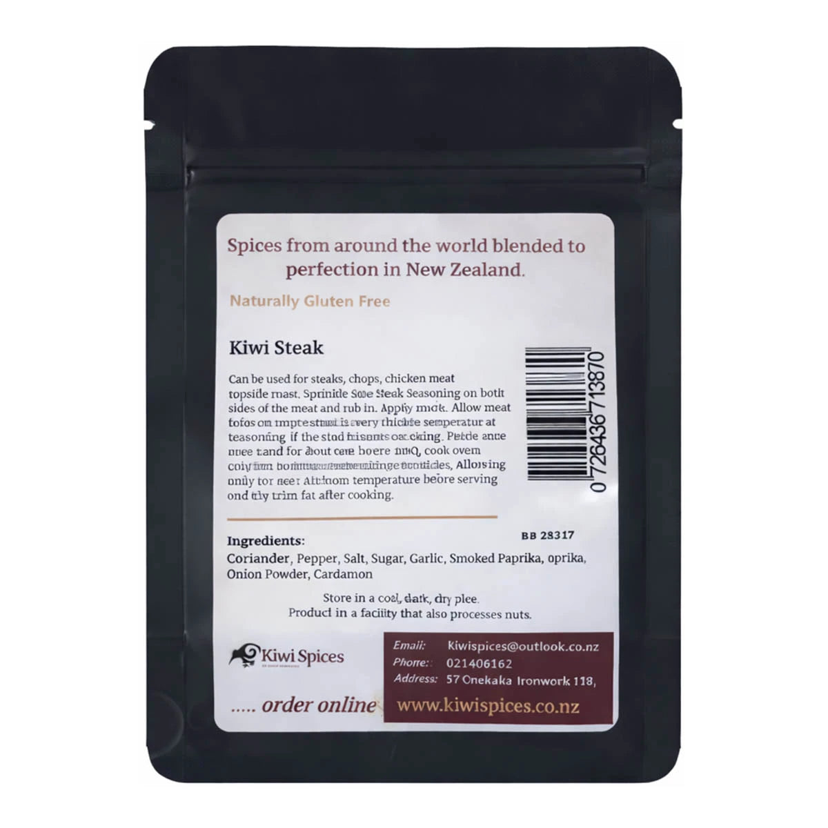 Back of kiwi steak seasoning spice packet with ingredients, usage and product information.