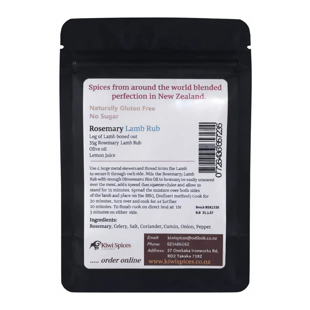 Back of rosemary lamb rub spice packet with ingredients, usage and product information.